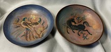 2 Enameled Mid-century Modern Copper Bowls Sagitta Holland - Horse, Exotic Birds picture