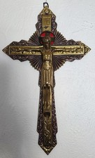 Lovely Vintage Ornate Brass Red Copper Enamel Wall Hanging Crucifix French picture