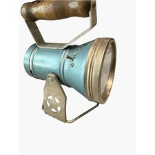 Vintage Industrial Handheld Spotlight Lantern Blue Wood Handle Star Base Stand picture