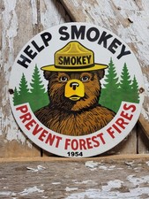 VINTAGE SMOKEY BEAR PORCELAIN SIGN OLD FOREST SERVICE 1954 NATIONAL PARK FIRE picture