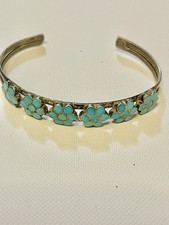 VTG Native American Zuni Sterling  Cuff Bracelet Turquoise Flowers Sz 5.75-6” picture