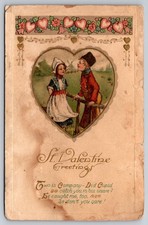 Postcard Vintage Valentine Heart Cupid Boy Girl Dutch Outfit Posted Early 1900s picture
