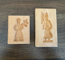 2 Vintage Carved Wood Butter Mold Cookie Stamp St Nick Folk Art Springerle picture