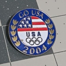 USA Olympics 2004 Go USA Red White Blue Round Metal Vintage Pin picture