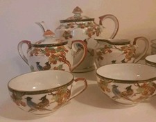  Vtg KUTANI Handpainted Maple Leaf/Bird Pattern Lithopane Complete 21 Pc TEA SET picture