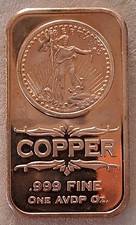 1 oz .999 Fine Copper Bar - Copper Bullion Bar picture