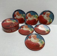 Vtg Retro Style Santa Claus Green Gloves Coasters metal tin Set of 6 picture