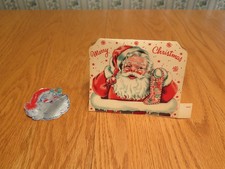 c1950s VTG Christmas Standup Cut-Out Greeting Card & Metallic Santa Sticker picture