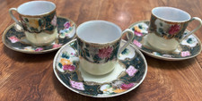 3 Vintage Green Demitasse Cups & Saucers Floral Motif Raised Gold Trim & Beading picture