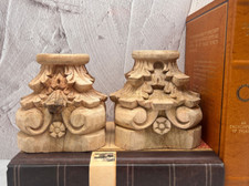Pair - Large Rustic Wood Carved Acanthus Leaf Candle Candlestick Holders 4