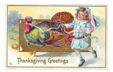 c1909 L.S.C. Thanksgiving Postcard - Young Girl Walking a Turkey - Embossed picture