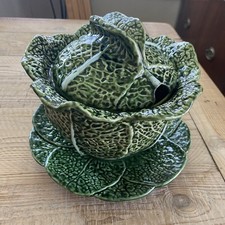 Vintage Olfaire Cabbageware Green Embossed White Veins Tureen, Lid & Underplate picture