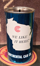 1960s CONTINENTAL CAN CO STRAIGHT STEEL CAN WISCONSIN WE LIKE IT HERE BANK picture