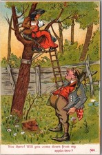 c1910s Romance Comic Postcard Couple Necking in Guy's Apple Tree / Unused picture