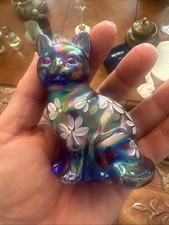 Fenton Iridescent Blue Glass Cat Figurine Hand Painted Floral Signed USA Free S picture