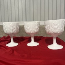 Vtg FTD 1975 Milk Glass Footed 6.5” Oak Leaf Vase Planter Compote Chalice Set 3 picture