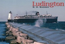 S.S. Badger at Ludington Lighthouse, Michigan, Ferry Ship to Wisconsin, Postcard picture