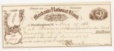 1885 Burlington VT Merchants National Bank Certificate of Deposit $90.38 Antique picture