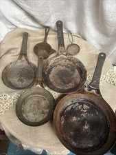 3 Historic Lalance & Grosjean cowboy skillets 1 Unbranded 1 Cast Iron Ladle picture