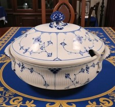 Antique 1880s Royal Copenhagen Blue Fluted Plain Half Lace Oval Soup Tureen picture