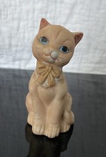 FLAMBRO Porcelain Kitten Cat 4” Figurine Tan w Bow CUTE Vintage Handpainted picture