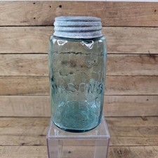 Antique Mason's Patent Canning Jar Aqua Blue Glass w/ Original Zinc Lid Pre-1900 picture