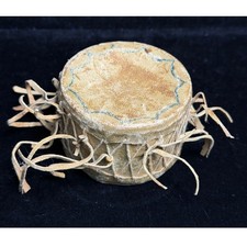 Vintage Cherokee NC USA History-Miniature Rawhide Leather Fringe Souvenir Drum picture