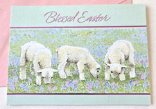 Vintage Easter Card Blessed Easter Cute Lambs Pretty Flowers DaySpring picture