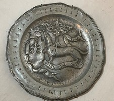 antique 18th century tooled Latin handmade armorial pewter plaque relief plate picture