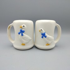 VTG Large Stovetop Ceramic Blue Ribbon Geese Salt Pepper Shakers Set Cottagecore picture