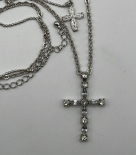 Silver Tone Rhinestone Cross Pendant Necklace Layered Charm Elegant Christian picture