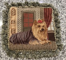 Pillow Cover Needlepoint Vtg Yorkshire Terrier Dog Victorian Tassels Wool Velvet picture