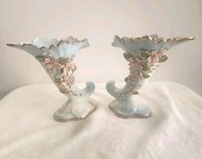 Beautiful Vintage Cermanic Cornucopia Vase Set Blue/white W/Gold Trim & Flowers picture