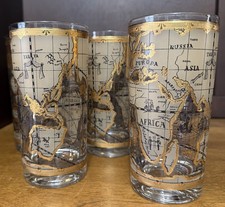 7 Cera Highball Tumbler Cocktail Glasses 22K Gold World Atlas Map Vtg MCM 12 oz picture