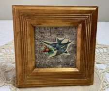 Vintage Antique Framed Victorian Trade Card, Early 1900’s, Birds, Flowers, Blue picture
