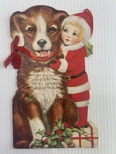 VTG 1924 Buddy Bow Wow Christmas Card Booklet Dog Girl Santa Suit Embossed 5x8.5 picture