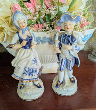 Hand Painted Glazed Porcelain Couple Figurines, Blue White Gold Floral, 8