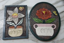 Mexican Folk Art Relief Carved Wood Painted Plaque Set Flower Butterfly OVAL picture