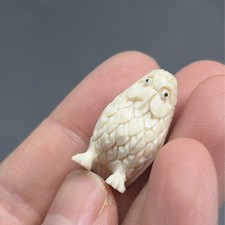 Vintage Creamy Beige Hand Carved Wise Owl Masterful Artisan Miniature Figurine picture