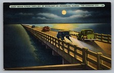 St Petersburg FL Gandy Bridge Tampa Bay Night Moonlight Old Cars Postcard Vtg E5 picture
