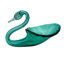 Vintage Hand Blown Teal Green Swan Art Glass Candy Vanity Trinket Dish picture