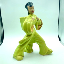 Vintage 1950s Asian Figurine Vase Mid Century Green Ceramic Woman 12