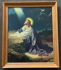 Vtg framed Litho print Jesus praying at the rock Gethsemane religious Art 19x23
