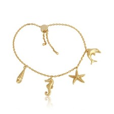 Sea Charms Dangling Seahorse-Starfish-Shell-Dolphin Fish Bracelet In Gold Toggle picture