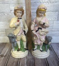 Vintage Pair Of Chalkware Figurines Boy Girl Dog Victorian  picture