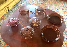 VTG CORNING VISION Pyrex Amber Cookware 10 Piece Lot Pots Pans Lids pie plates picture