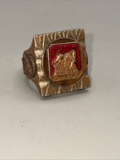 Vtg 1940s Mexican Biker Ring Red Enamel Aztec Calendar Sleeping Woman Size 9 picture