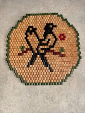 Vintage Bamboo Wood Bead Trivet Hot Pad Octagon Birds  Floral MCM 7” picture