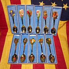 Hallmark 1979 11/12 Gold Tone Enamel Bird Souvenir Spoons Japan picture
