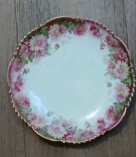 Antique Wurttemberg Porcelain Plate Pink Chrysanthemum Flowers Scallop Gold Edge picture